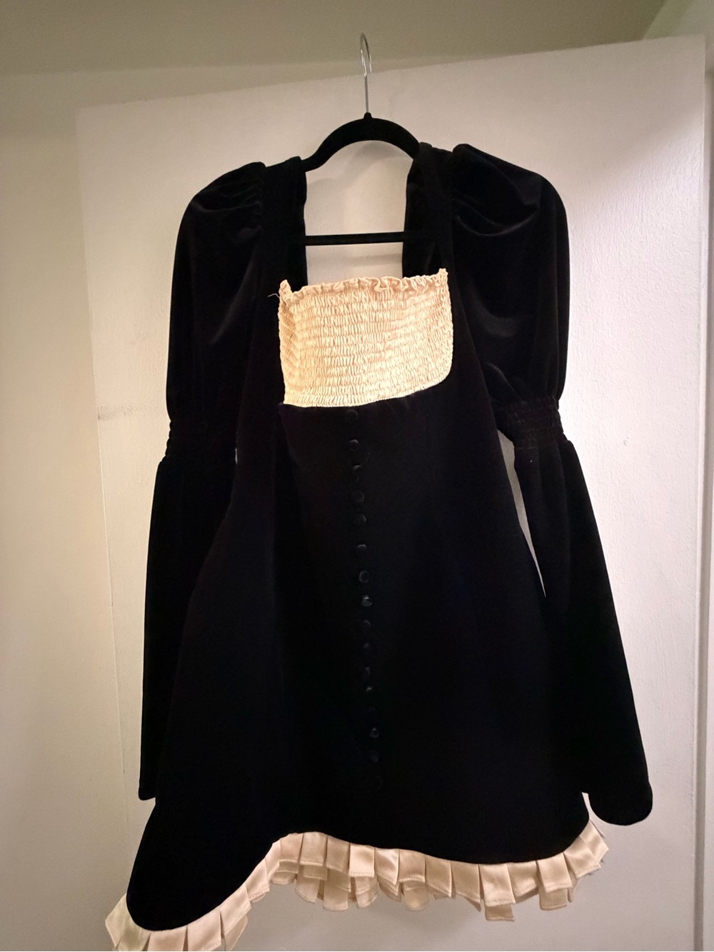 House of CB Black Velvet Puff-Sleeve Top with Cream Smocked Panel